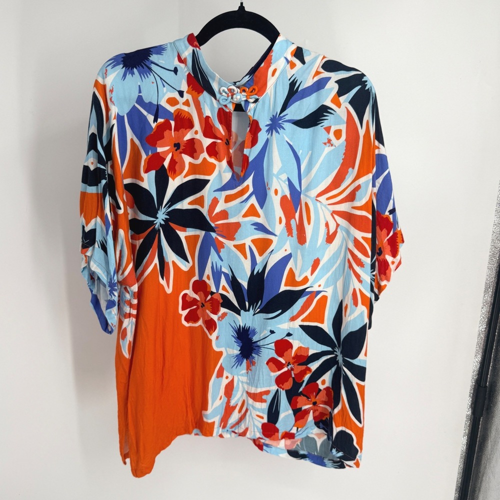 Soft Surroundings Orange Blue Tropical Floral Frog Knot Blouse 2ER16 M Bold